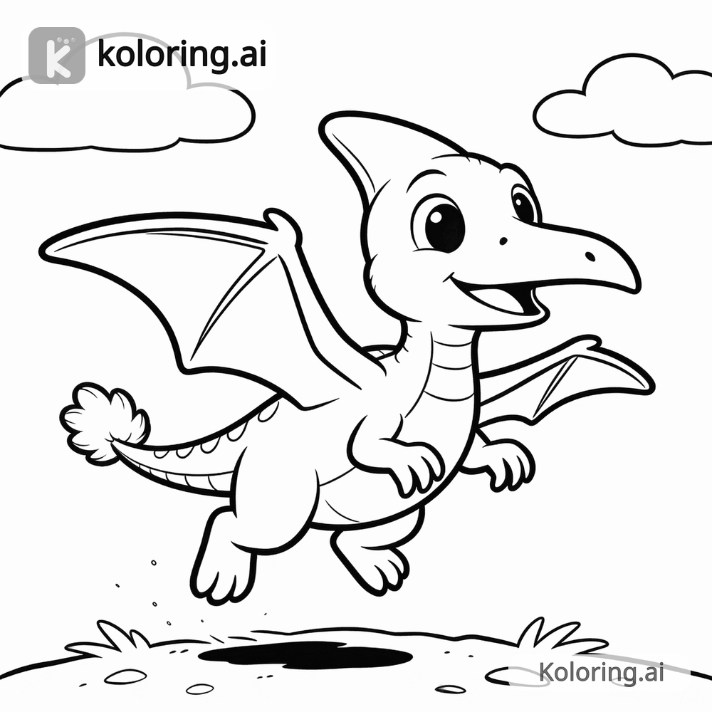 Black and white coloring page of baby pterodactyl learning to fly
