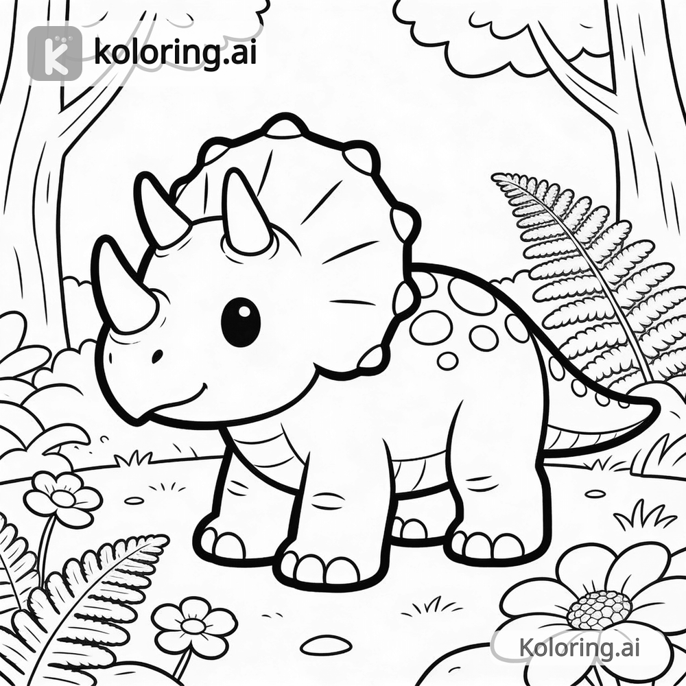 Black and white coloring page of baby triceratops in a prehistoric garden