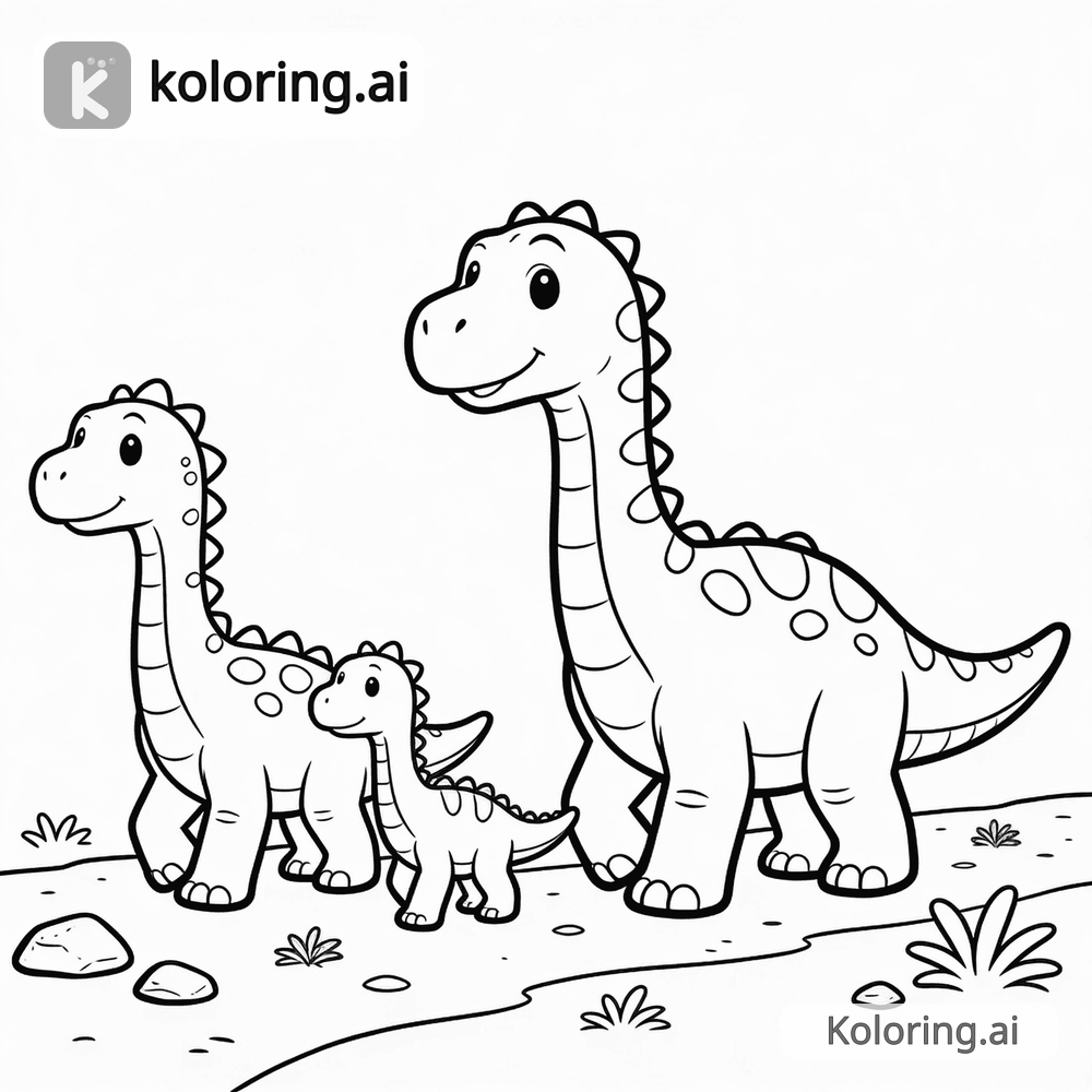 Black and white coloring page of cartoon dinosaur family walking together