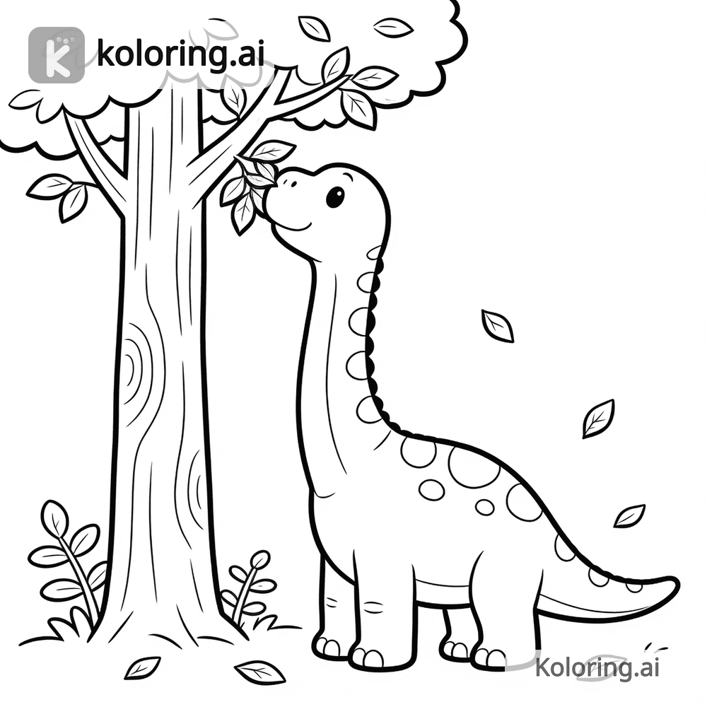 Black and white coloring page of cute brontosaurus eating leaves from a tall tree