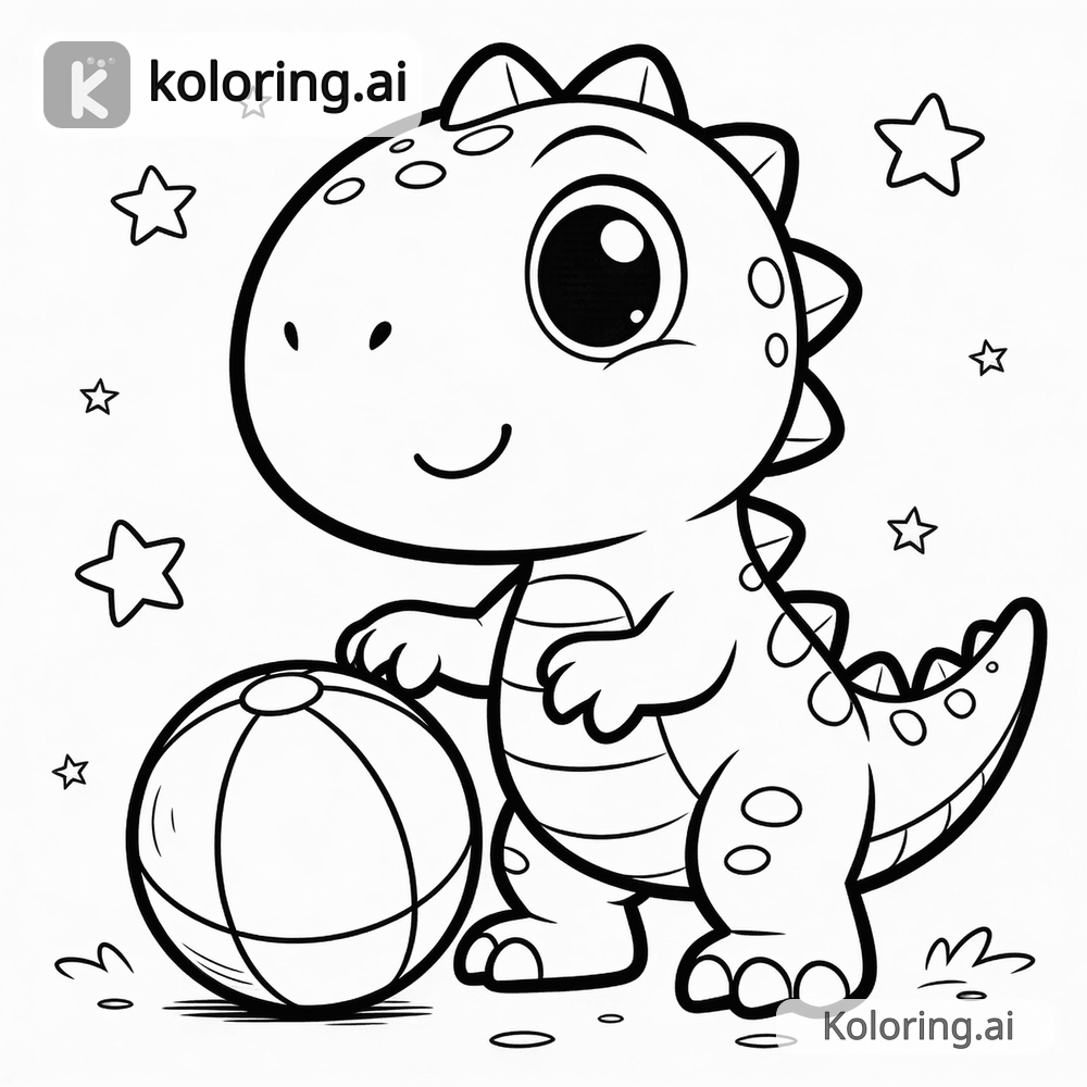 Black and white coloring page of friendly cartoon t-rex playing with a ball