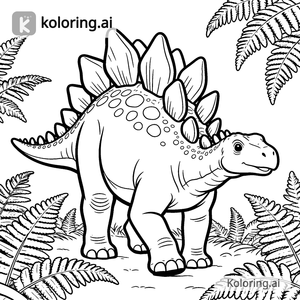 Black and white coloring page of stegosaurus walking through a fern forest