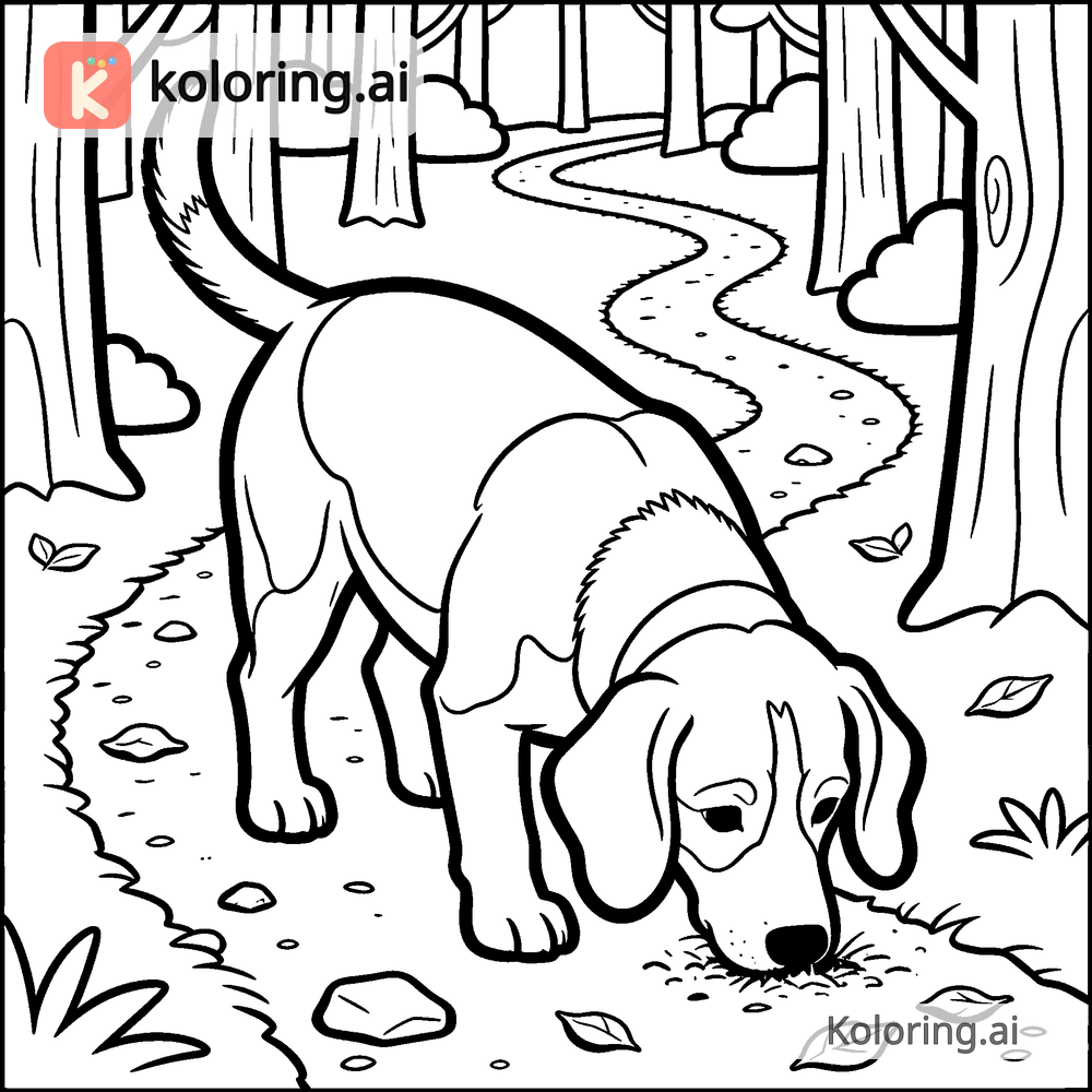 Black and white coloring page of beagle sniffing along a forest trail