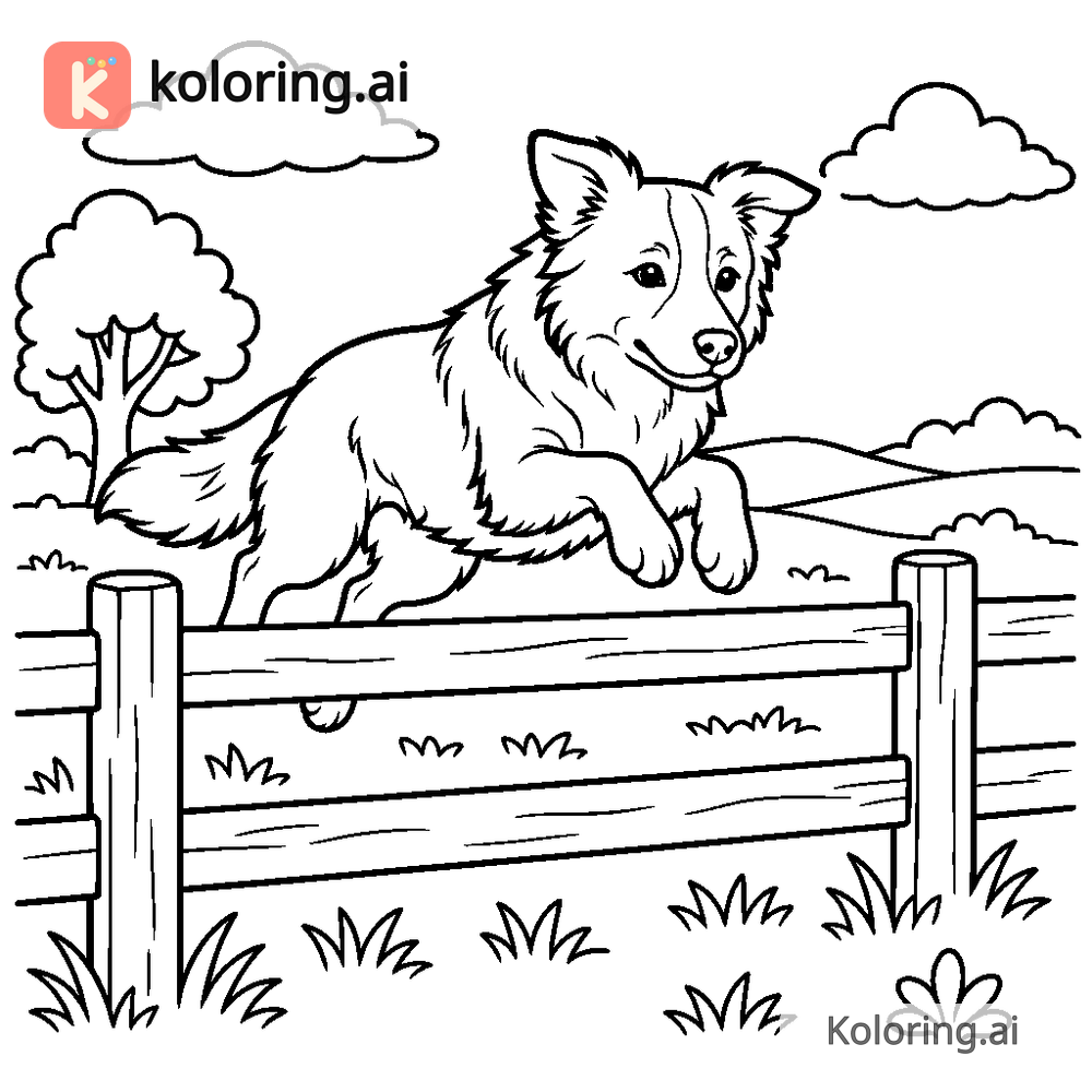 Black and white coloring page of border collie leaping over a fence in a field