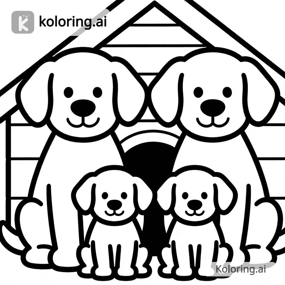 Black and white coloring page of cartoon dog family in front of a dog house