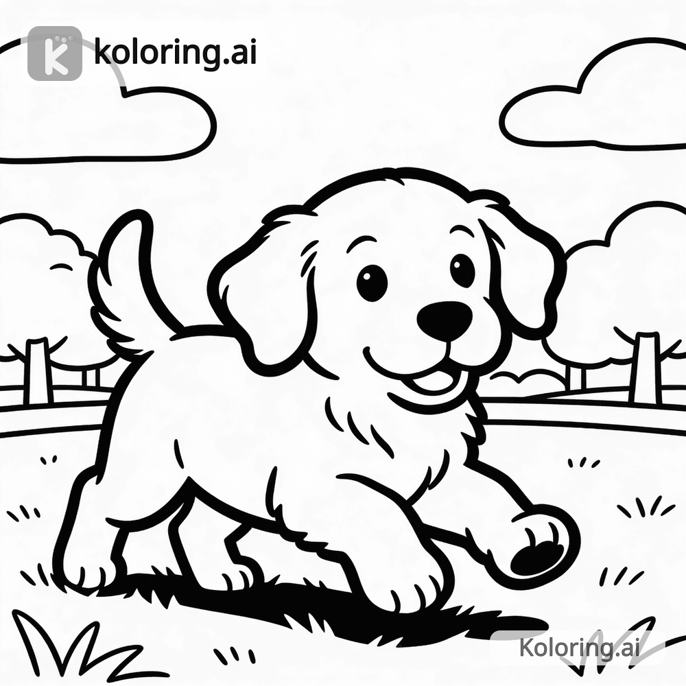 Black and white coloring page of golden retriever puppy playing in the park