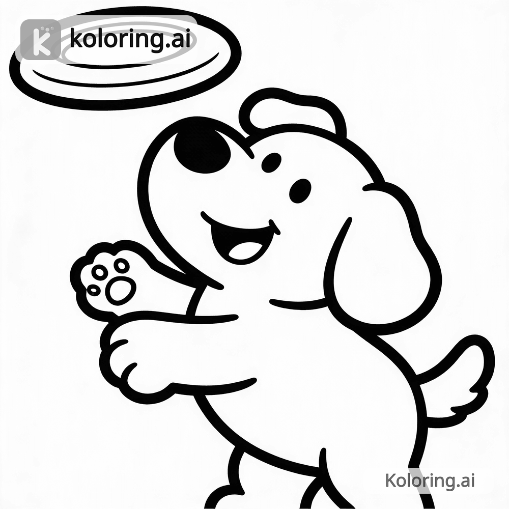 Black and white coloring page of happy dog catching a frisbee