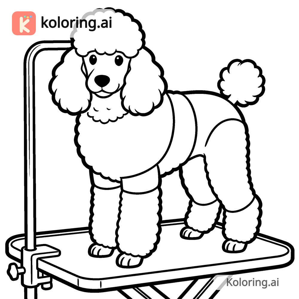 Black and white coloring page of poodle standing on a grooming table at a salon