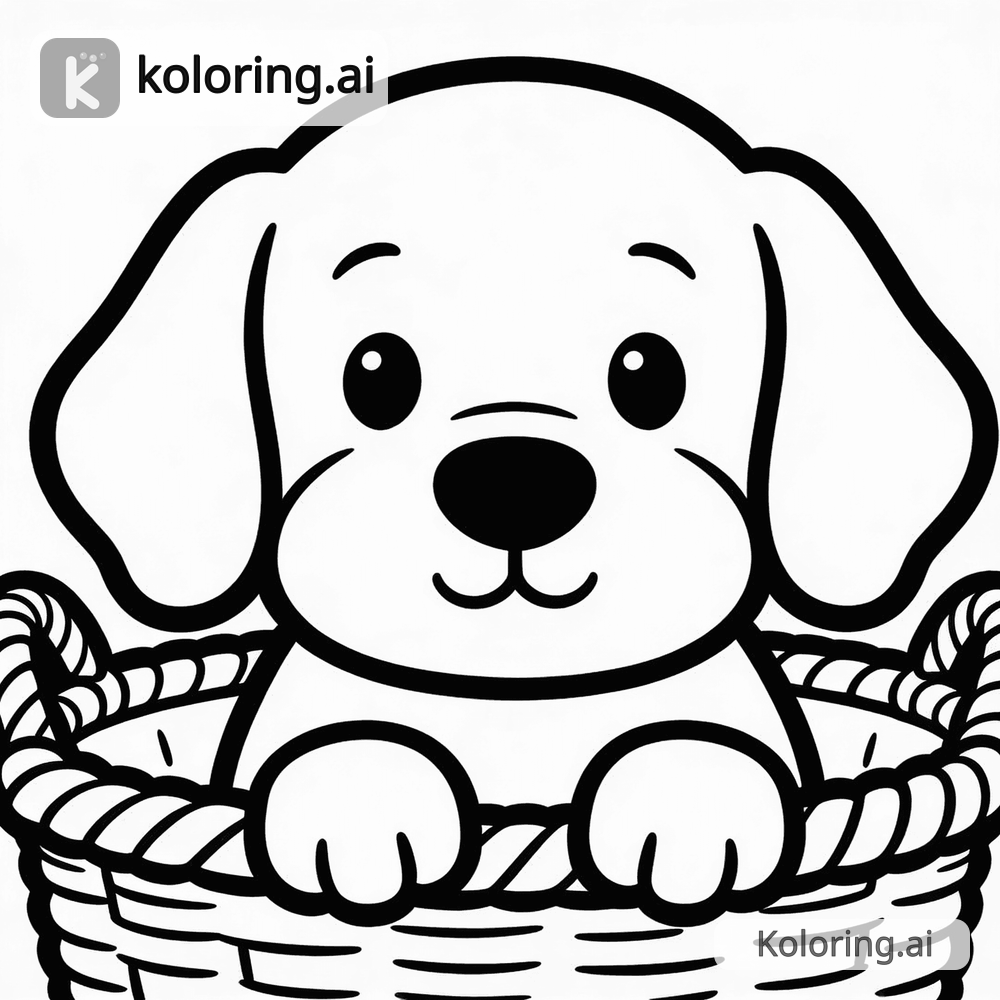Black and white coloring page of puppy with floppy ears sitting in a basket