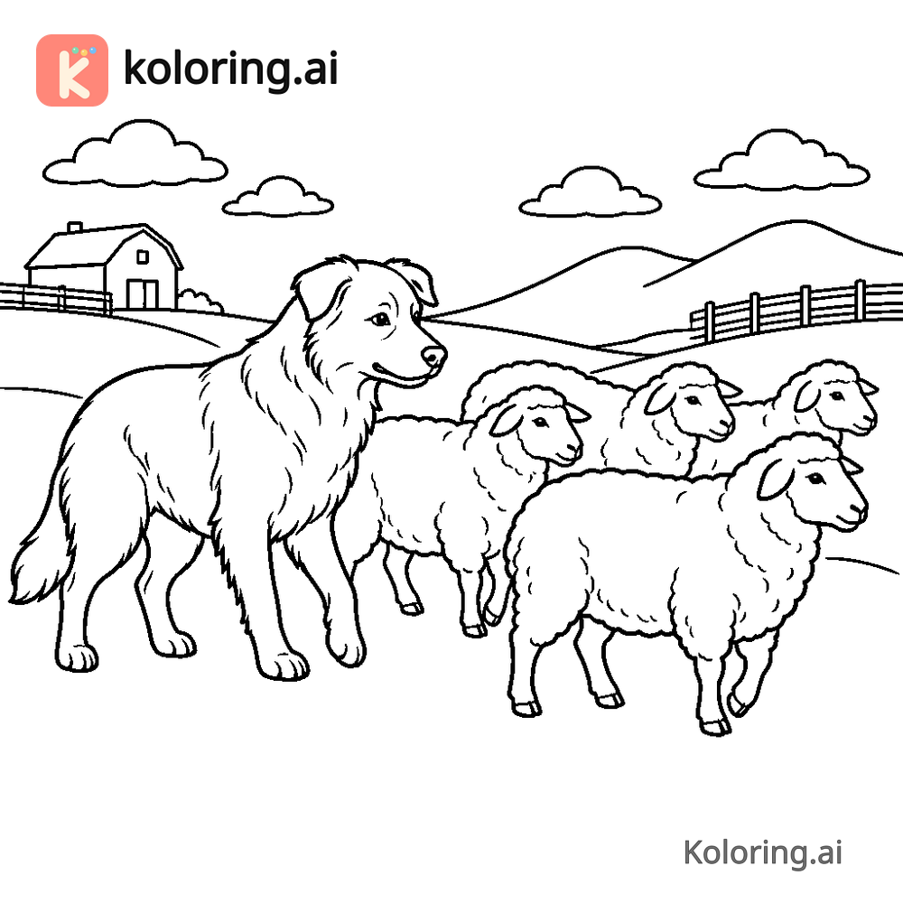 Black and white coloring page of sheepdog herding a flock of sheep on a hill