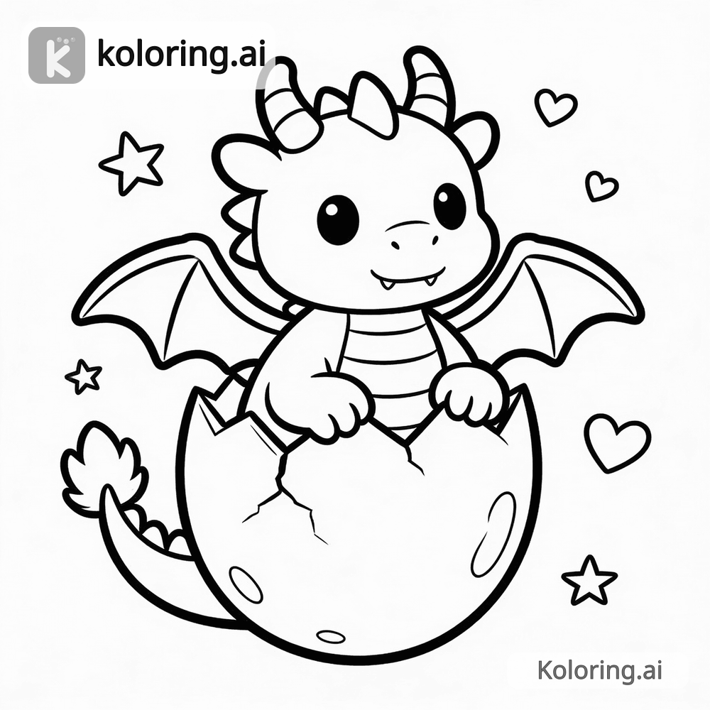 Black and white coloring page of baby dragon hatching from an egg