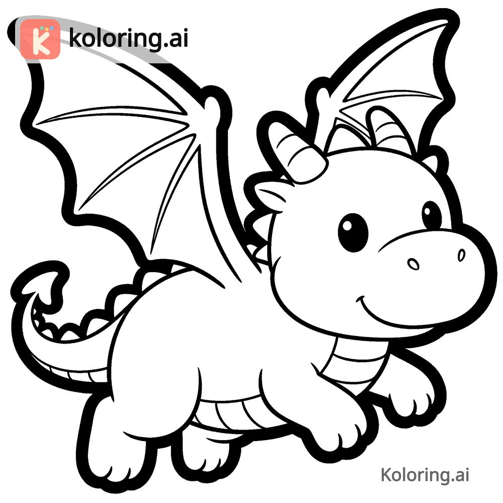 Black and white coloring page of baby dragon learning to fly for the first time
