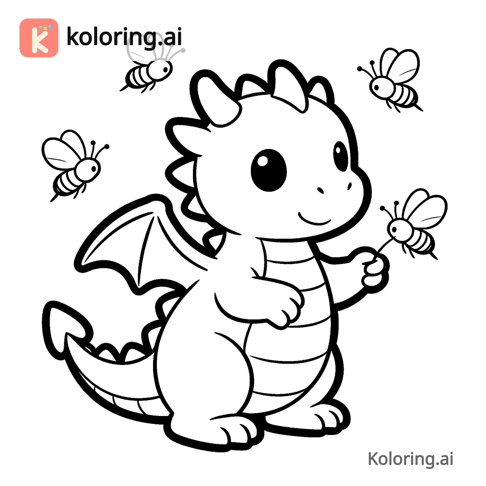 Black and white coloring page of baby dragon playing with fireflies