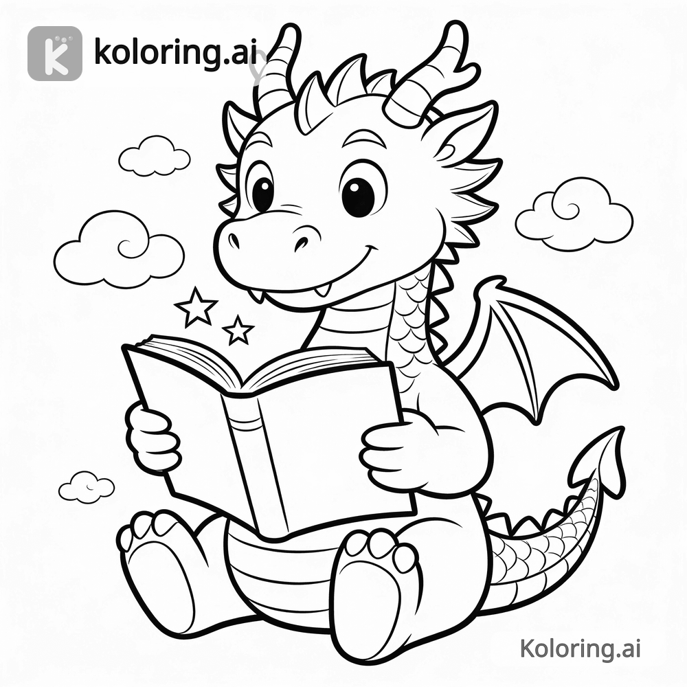 Black and white coloring page of cartoon dragon reading a book