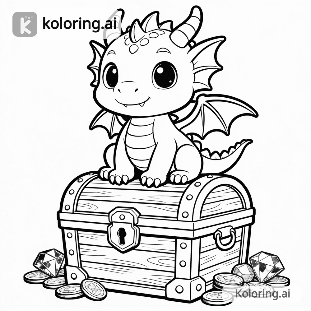 Black and white coloring page of cute baby dragon sitting on a treasure chest