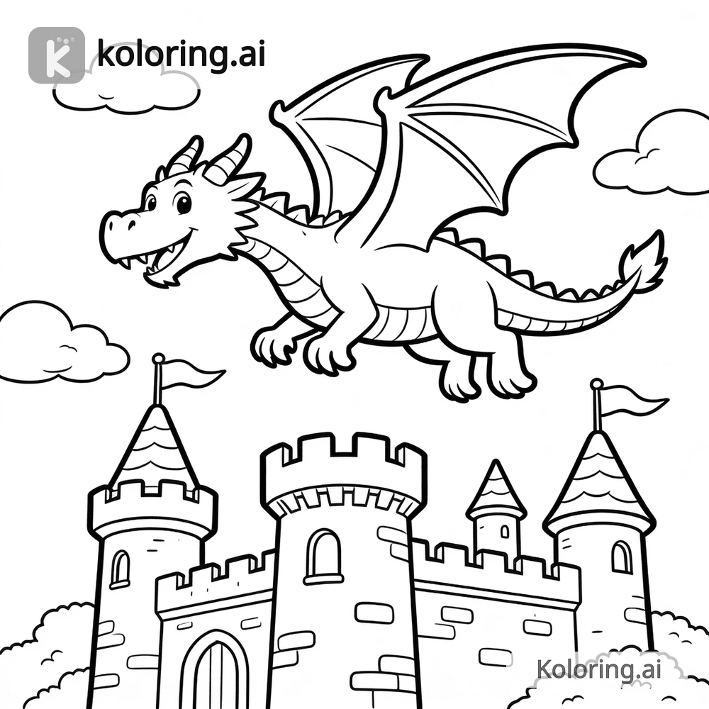 Black and white coloring page of dragon flying over a medieval castle