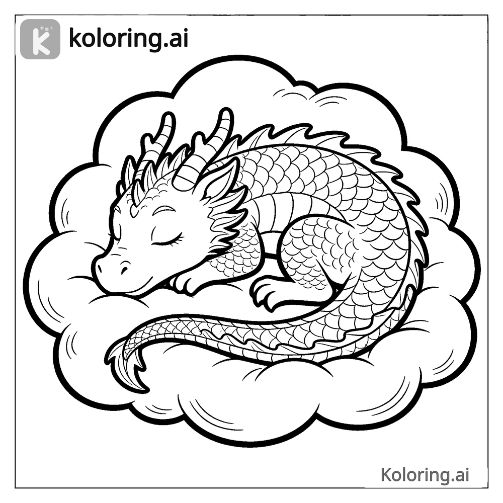 Black and white coloring page of dragon sleeping on a cloud