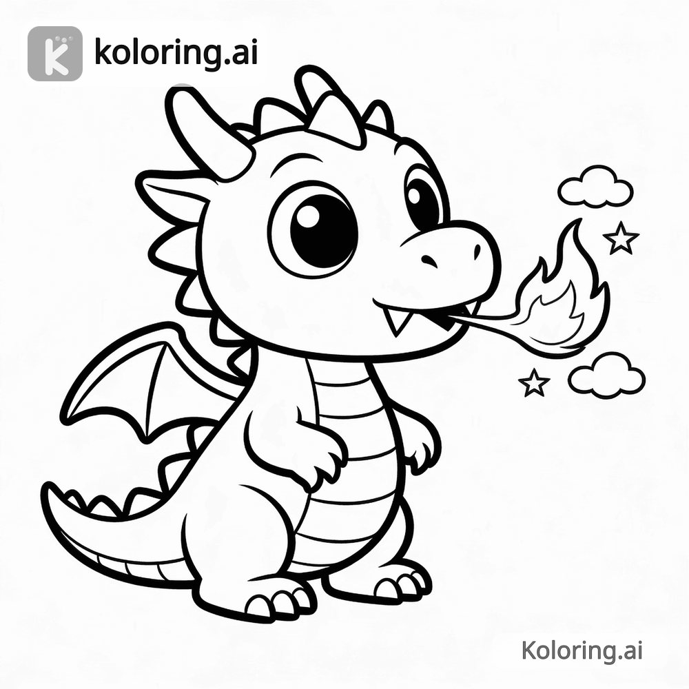 Black and white coloring page of friendly dragon breathing a small flame