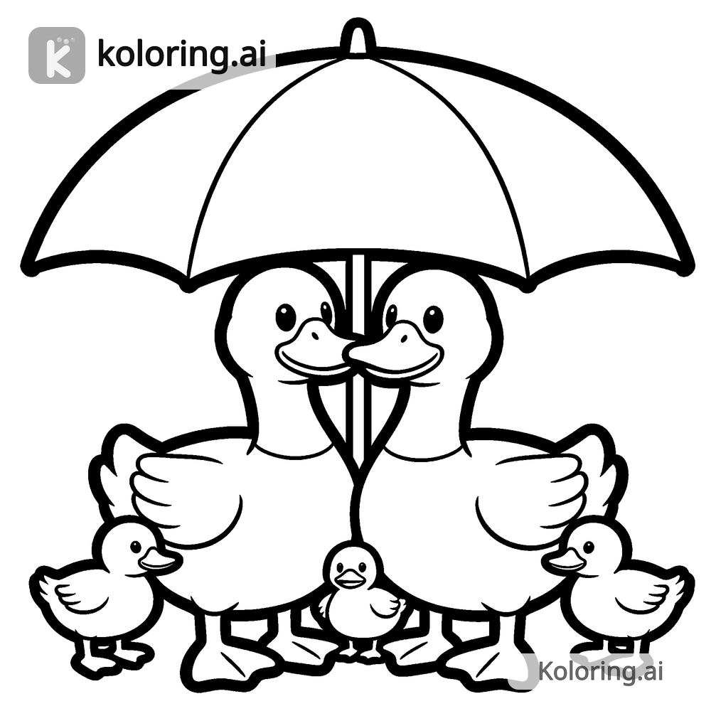Black and white coloring page of duck family sheltering under a big umbrella
