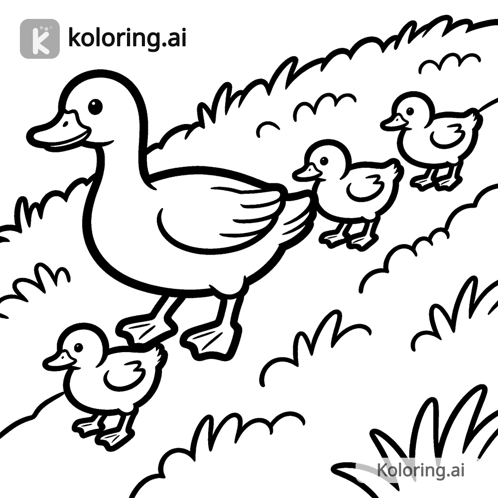 Black and white coloring page of ducklings following their mother up a grassy bank