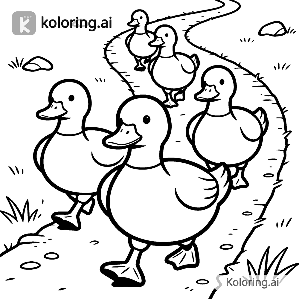 Black and white coloring page of ducks waddling along a farmyard path