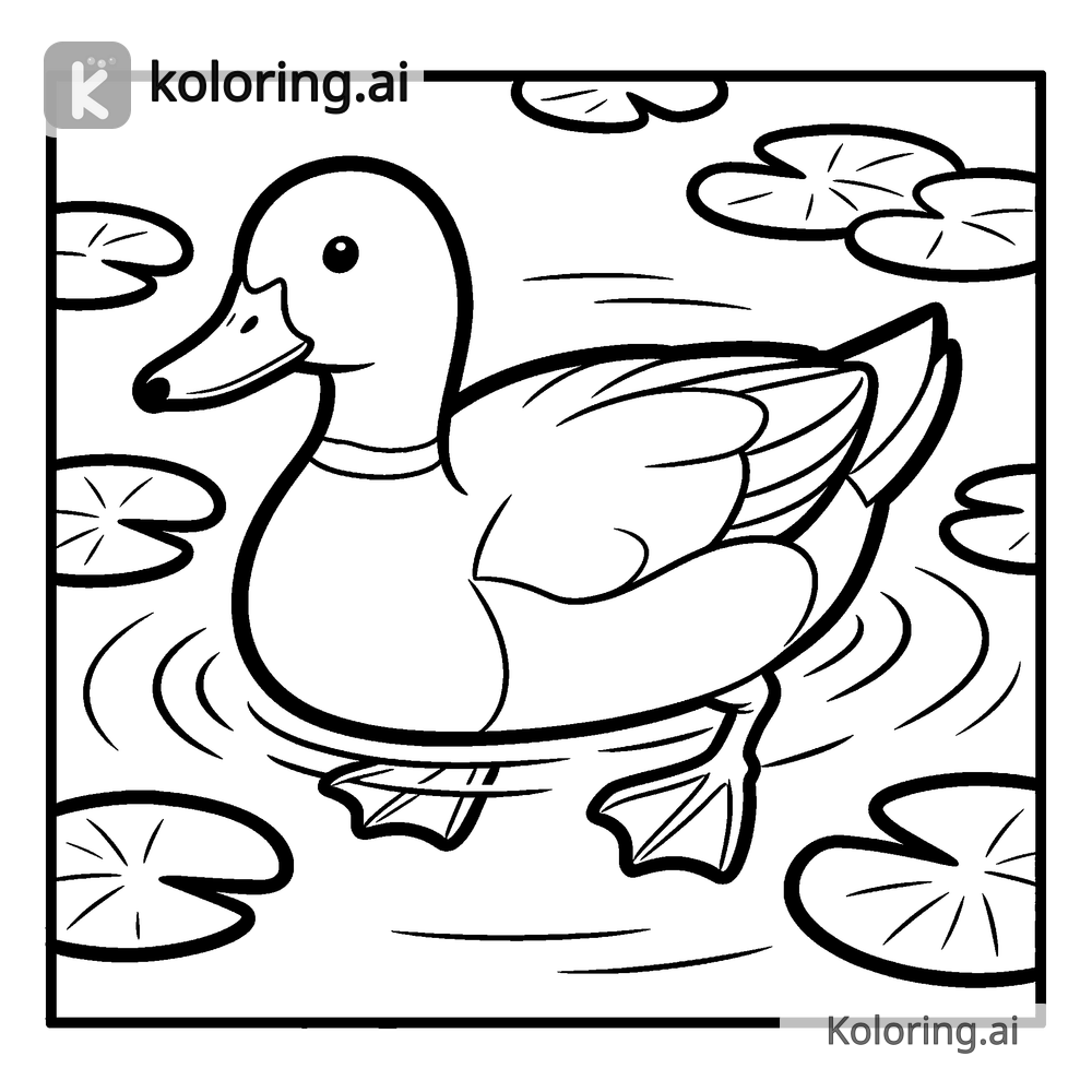 Black and white coloring page of mallard duck swimming among lily pads