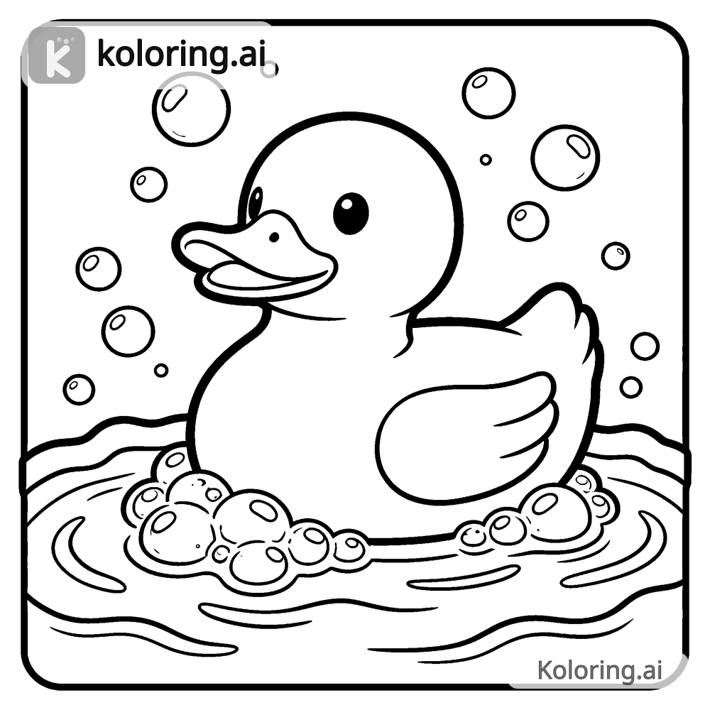 Black and white coloring page of rubber duck floating in a bubble bath