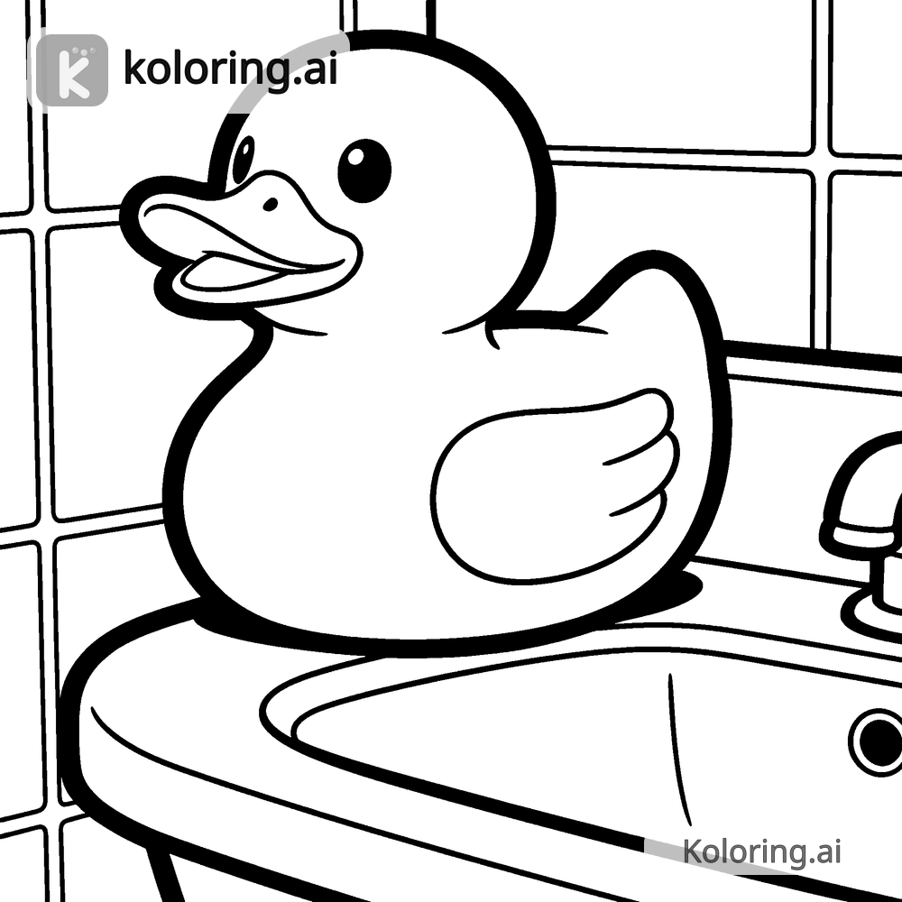 Black and white coloring page of rubber duck perched on the edge of a sink