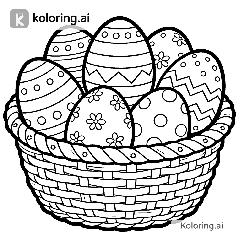 Black and white coloring page of basket full of easter eggs