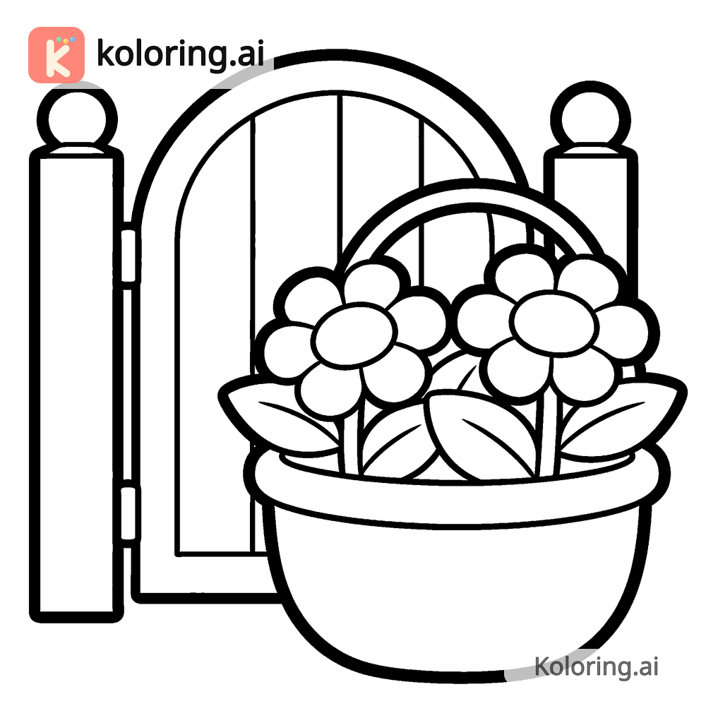 Black and white coloring page of basket of flowers beside a garden gate