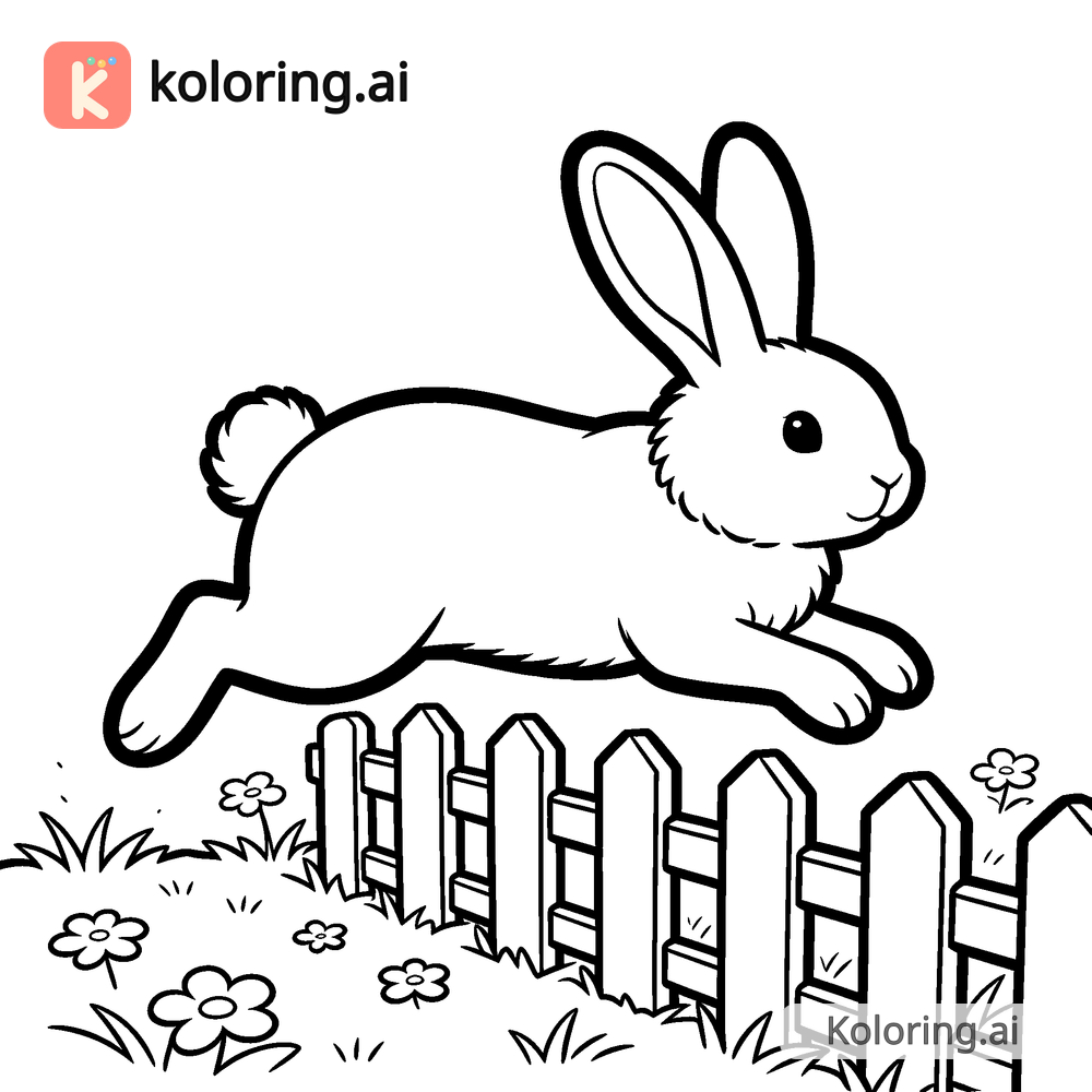 Black and white coloring page of bunny jumping over a garden fence