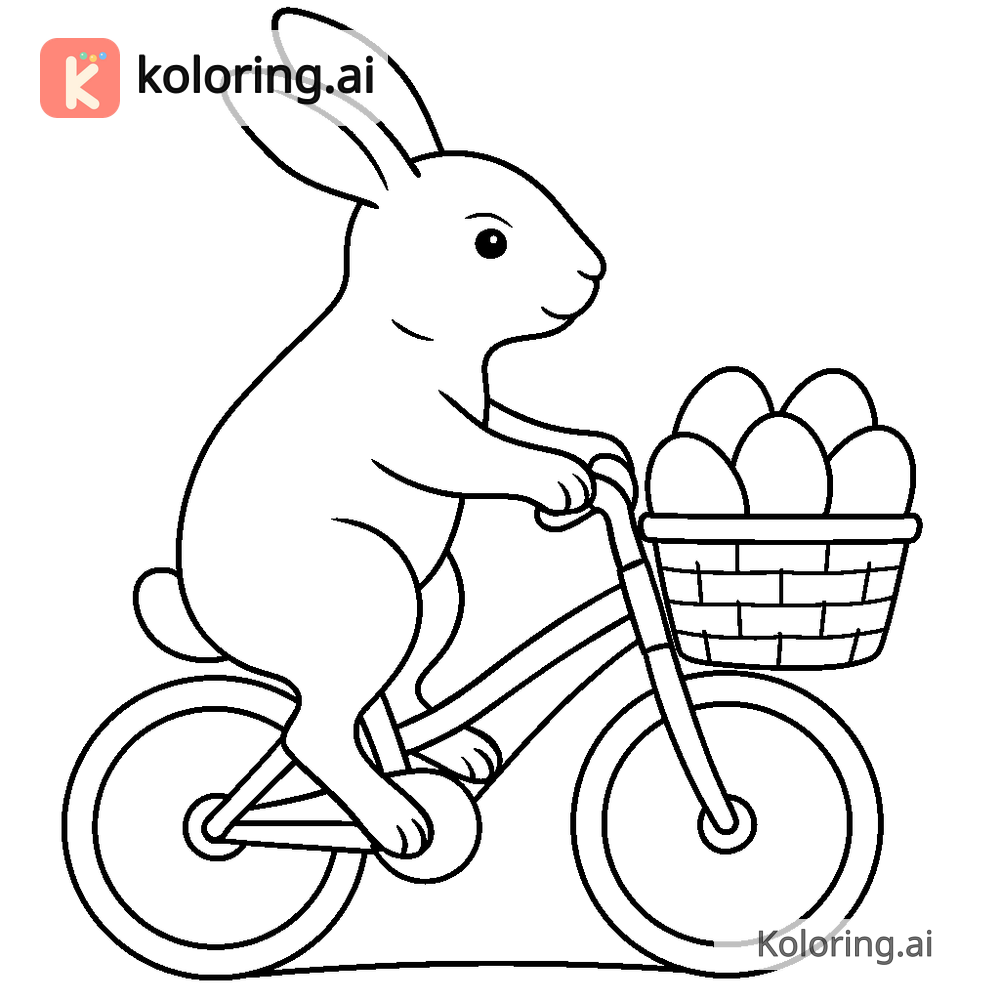 Black and white coloring page of bunny riding a bicycle with eggs in the basket