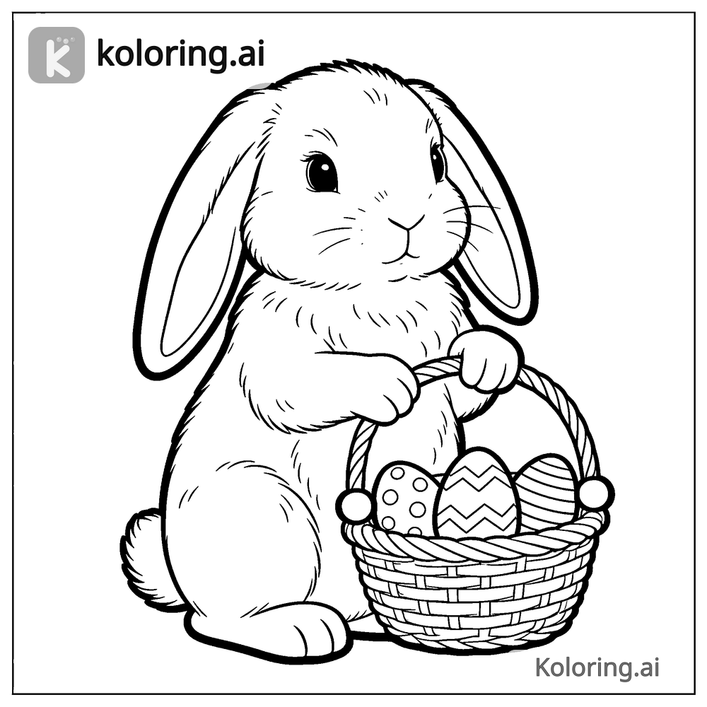 Black and white coloring page of cute easter bunny with a basket