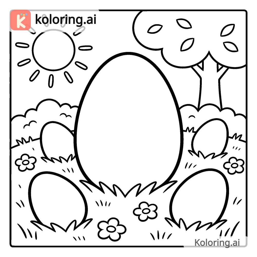 Black and white coloring page of easter egg hunt in a sunny garden