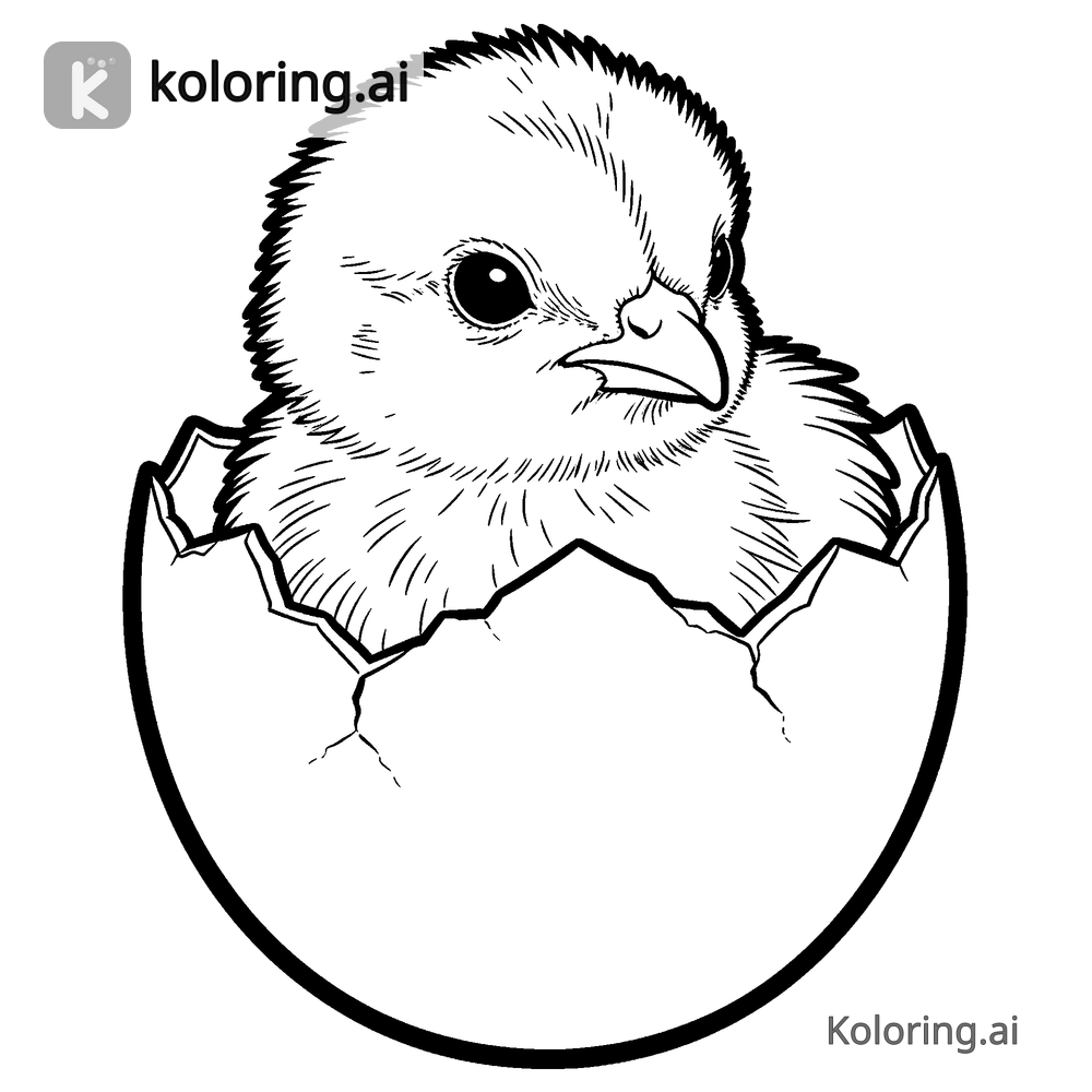 Black and white coloring page of spring chick hatching from an egg
