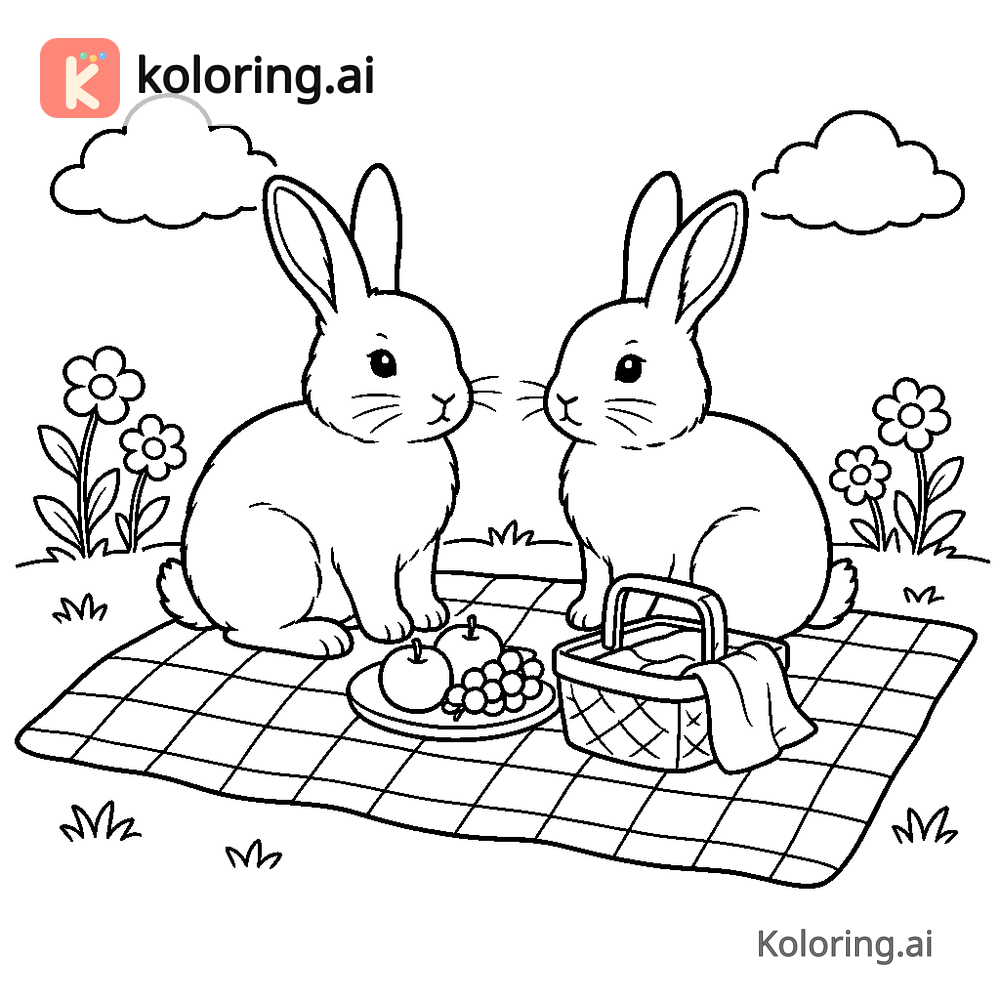 Two Rabbits Sharing a Picnic Blanket Coloring Page