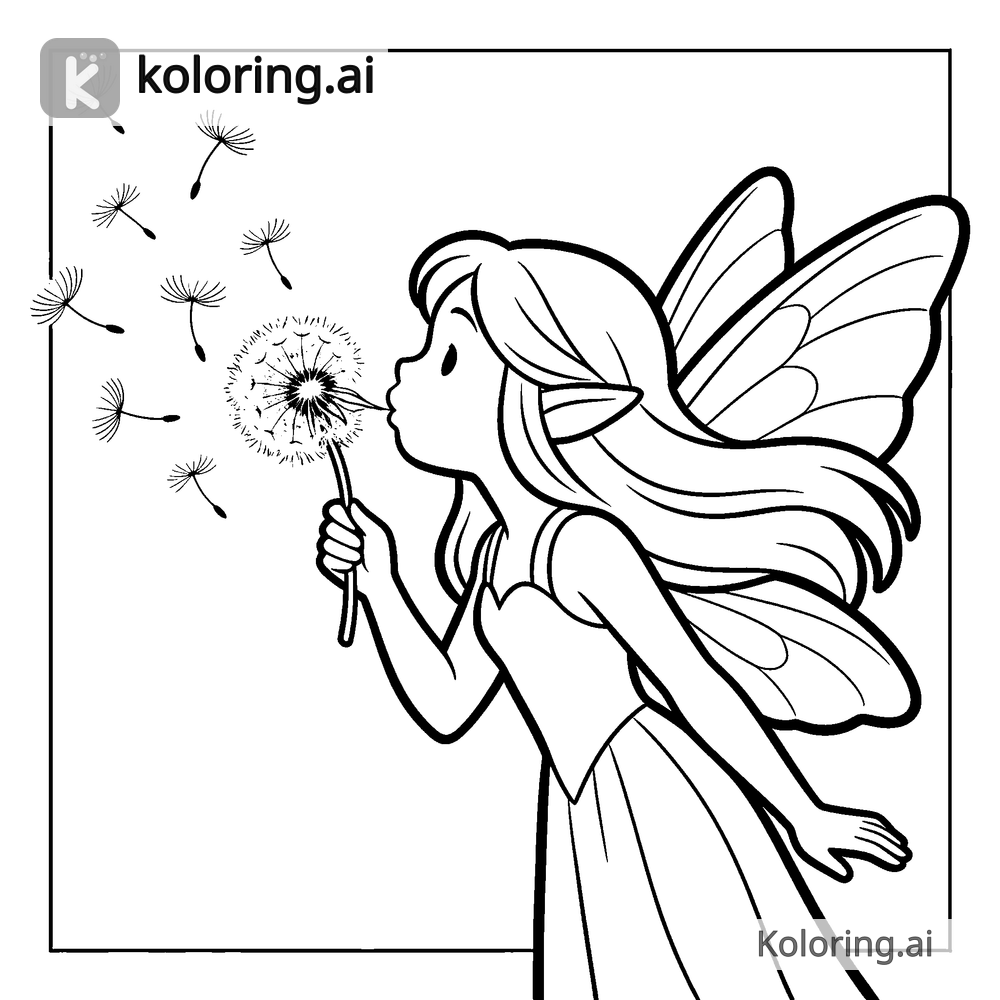 Black and white coloring page of fairy blowing dandelion seeds into the wind