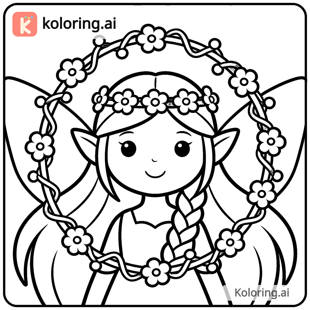 Black and white coloring page of fairy braiding vines into a flower crown