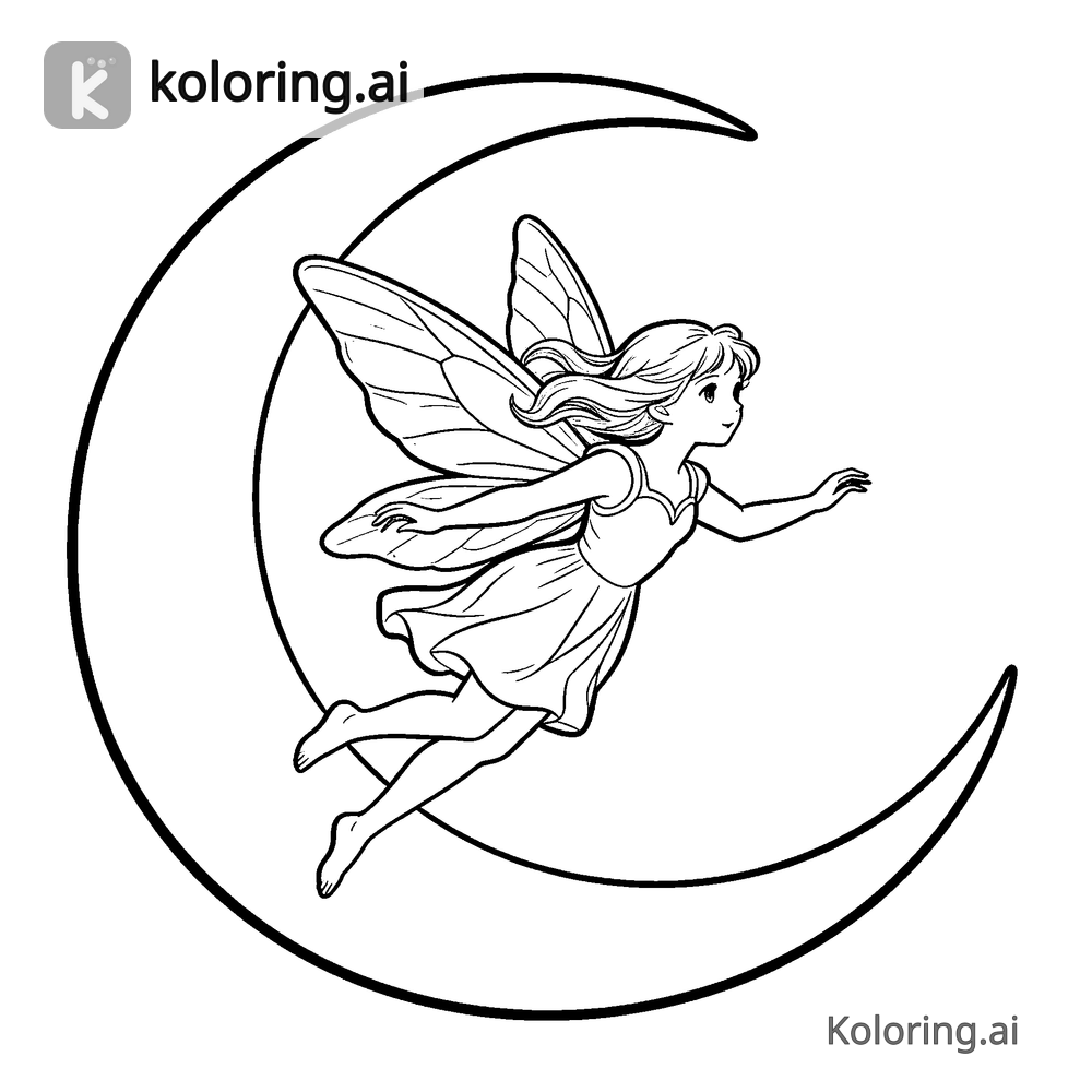 Black and white coloring page of fairy flying over a crescent moon