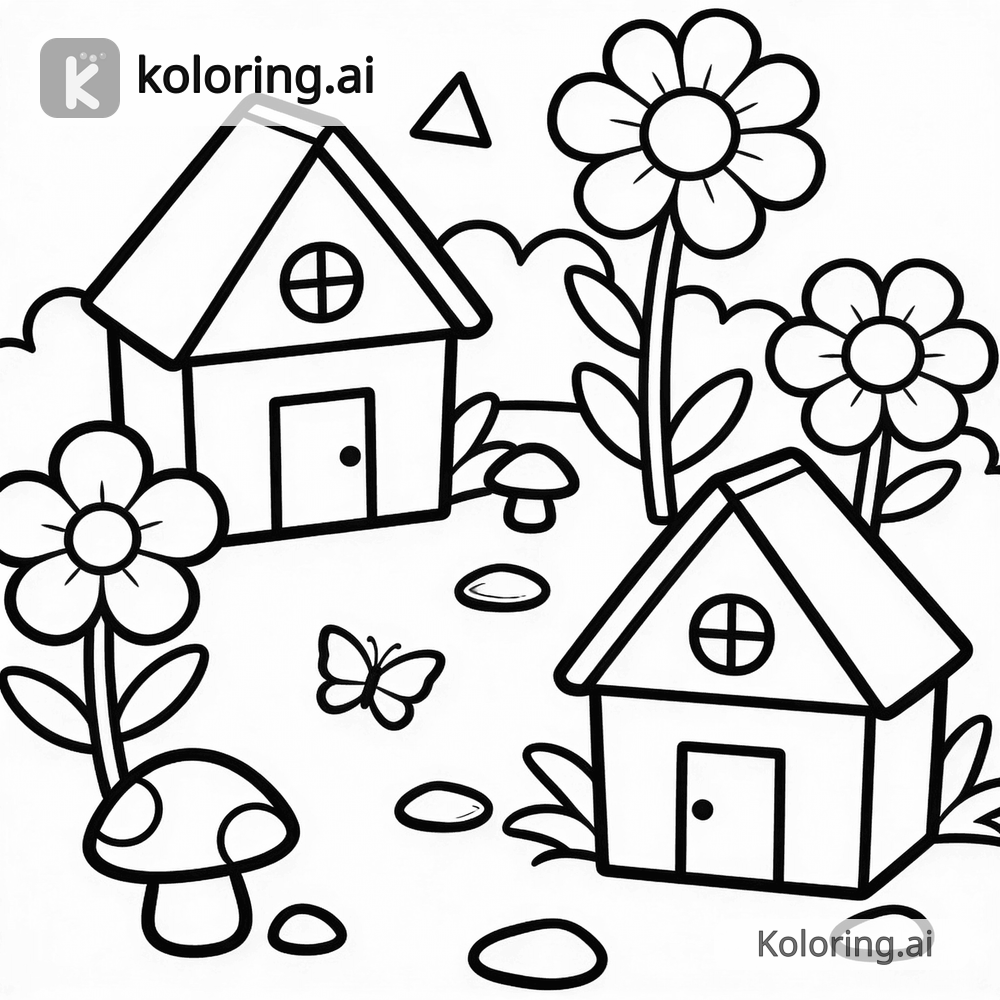 Black and white coloring page of fairy garden with tiny houses and flowers
