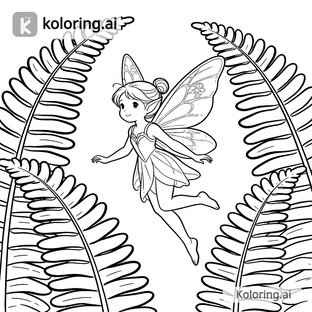 Black and white coloring page of fairy gliding between tall forest ferns