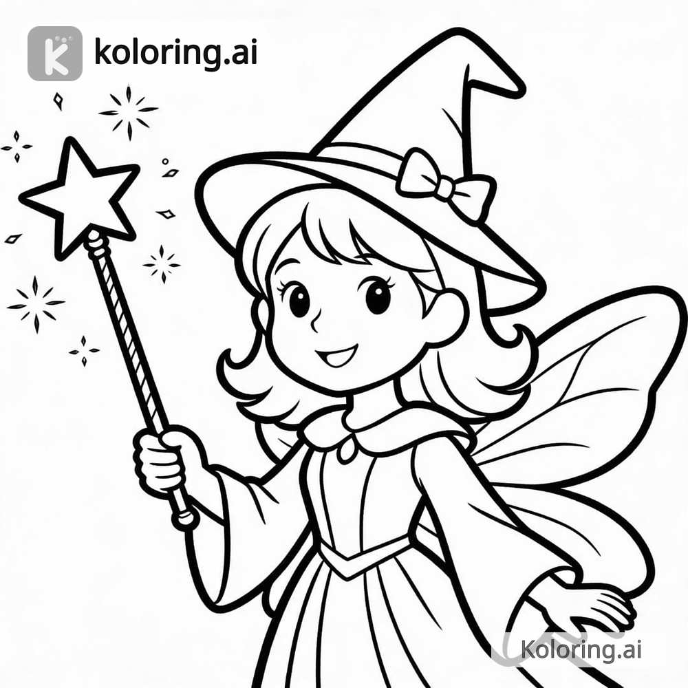 Black and white coloring page of fairy godmother with a magic wand