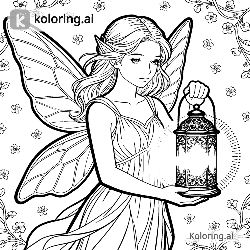 Black and white coloring page of fairy holding a glowing lantern