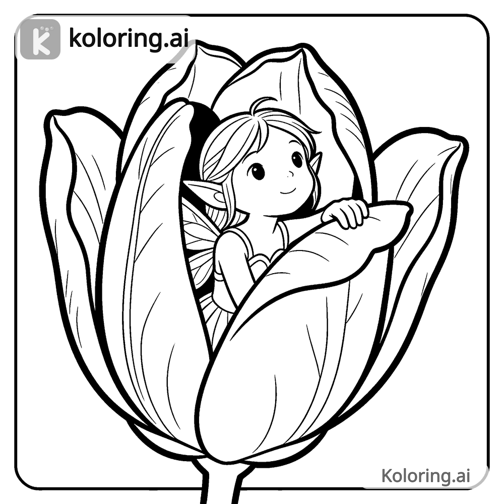 Black and white coloring page of fairy peeking out of a flower bud