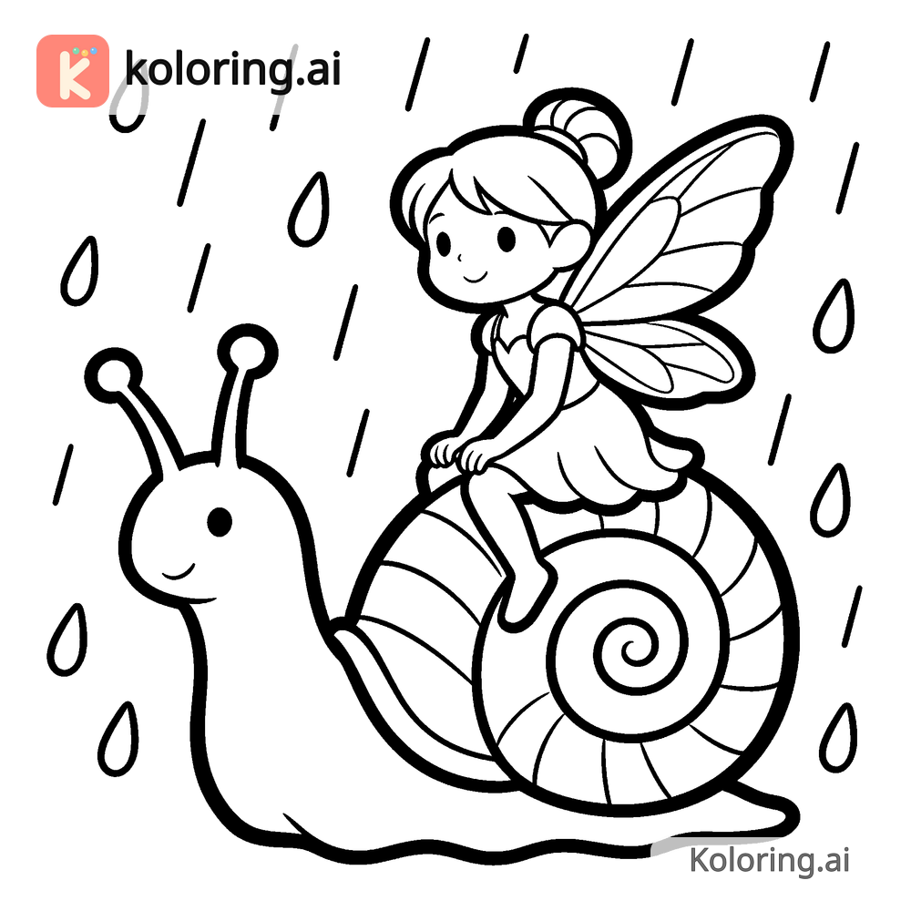Black and white coloring page of fairy perched on a snail's shell in the rain