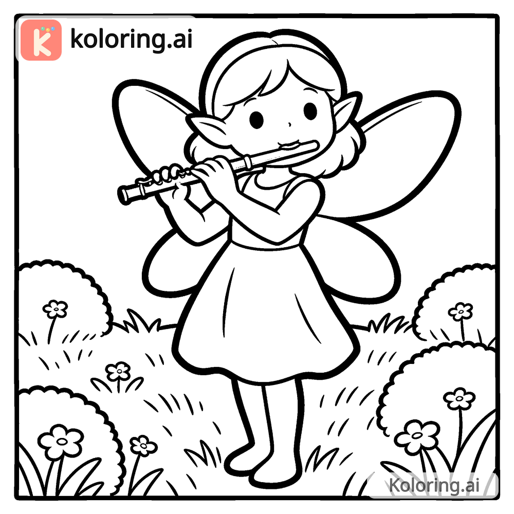 Black and white coloring page of fairy playing a tiny flute in a meadow