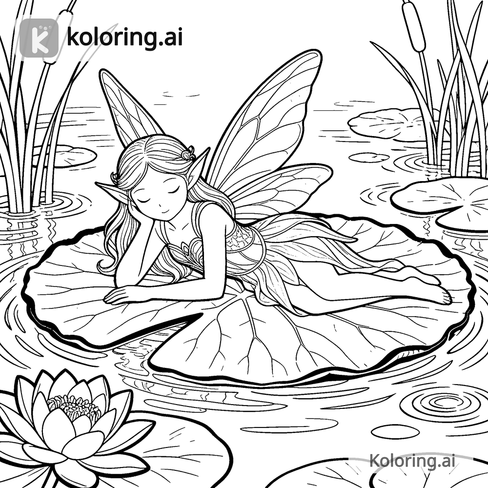 Black and white coloring page of fairy resting on a lily pad by a pond