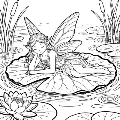 Fairy Resting on a Lily Pad By a Pond