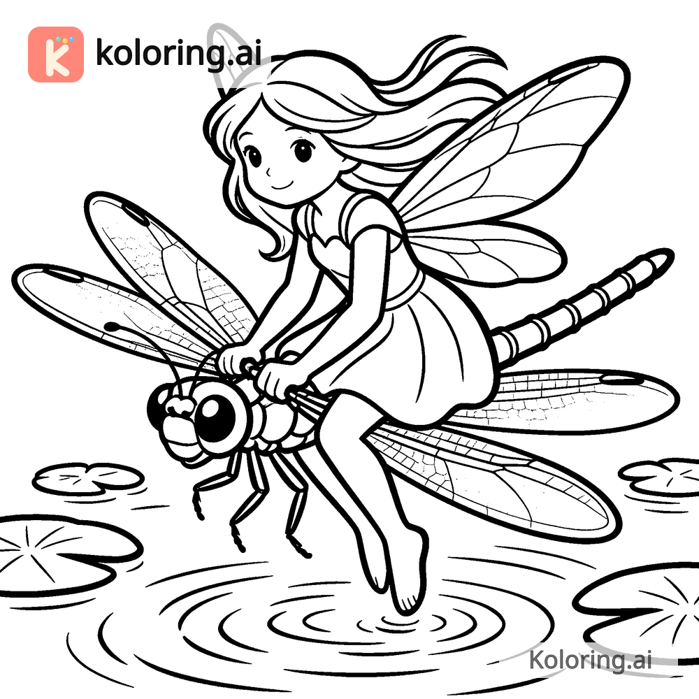 Black and white coloring page of fairy riding a dragonfly over a pond