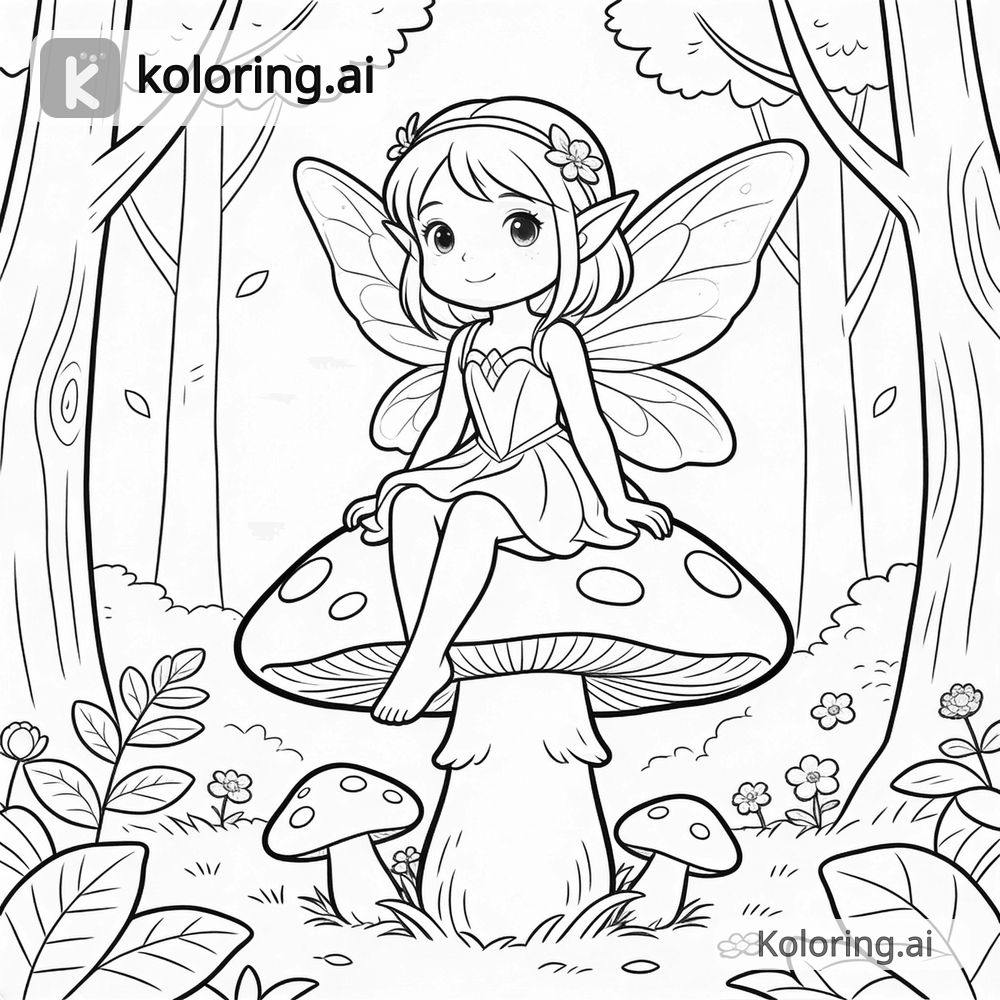Black and white coloring page of fairy sitting on a mushroom in a forest